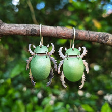 Load image into Gallery viewer, Green Christmas Beetle earrings made from car vinyl, recycled copper, a sterling‑silver hooks, and stainless‑steel jump rings, shown hanging from a tree branch. The beetle’s metallic green body catches natural light with a vivid sheen, while the copper legs and antennae add crisp contrast. The outdoor foliage frames the piece, highlighting its shine, texture, and detailed insect‑inspired craftsmanship.