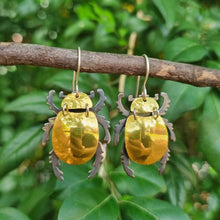 Load image into Gallery viewer, Gold King Christmas Beetle earring made from gold car vinyl, recycled copper, a sterling‑silver hook, and stainless‑steel jump rings, shown hanging from a tree branch. The beetle’s domed body is super reflective, catching bright highlights across its gold surface, while the darker metal legs and antennae add contrast. Surrounded by green leaves, the outdoor setting emphasizes the earring’s shine and detailed, insect‑inspired form.
