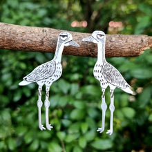 Load image into Gallery viewer, Bush Stone-Curlew Studs sitting in a branch Front Detail View