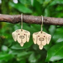 Load image into Gallery viewer, Dog Mini Head Drop Earrings Dalmatian in Brass on Sterling Silver Shepherd Hooks hanging on a branch
