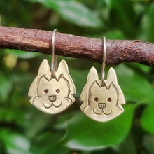 Load image into Gallery viewer, Dog Mini Head Drop Earrings Husky Brass on Sterling Silver Shepherd Hooks hanging on a branch