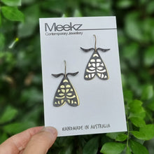 Load image into Gallery viewer, Lydia Lichen Moth Drop Earrings on Packaging . Front Details