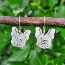 Load image into Gallery viewer, Dog Mini Face Drop Earrings - Boston Terrier in Aluminium on Sterling Silver Shepherd Hooks hanging on a branch