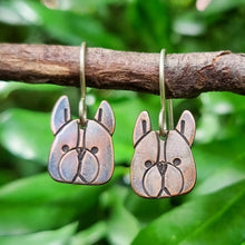 Load image into Gallery viewer, Dog Mini Head Drop Earrings Boxer in Copper with Patina on Sterling Silver Shepherd Hooks hanging on a branch