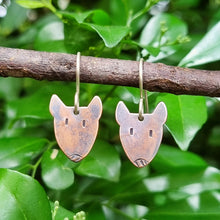 Load image into Gallery viewer, Dog Mini Head Drop Earrings Bull Terrier in Copper with Patina on Sterling Silver Shepherd Hooks hanging on a branch