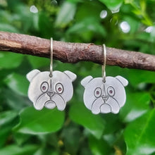 Load image into Gallery viewer, Dog Mini Head Drop Earrings - English Bulldog in Aluminium on Sterling Silver Shepherd Hooks hanging on a branch