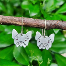 Load image into Gallery viewer, Dog Mini Head Drop Earrings French Bulldog in Aluminium on Sterling Silver Shepherd Hooks hanging on a branch