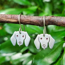 Load image into Gallery viewer, Dog Mini Head Drop Earrings Dachshund in Aluminium on Sterling Silver Shepherd Hooks hanging on a branch