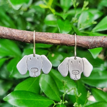 Load image into Gallery viewer, Dog Mini Head Drop Earrings Dachshund in Aluminium on Sterling Silver Shepherd Hooks hanging on a branch
