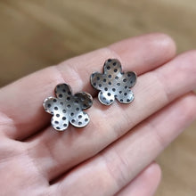 Load image into Gallery viewer, Petunia Studs Modelled between Jemica's finger tips for size comparison