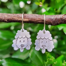 Load image into Gallery viewer, Dog Mini Head Drop Earrings Poodle in Aluminium on Sterling Silver Shepherd Hooks hanging on a branch