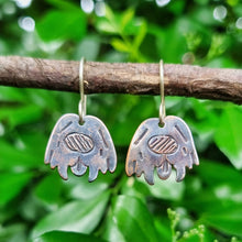 Load image into Gallery viewer, Dog Mini Head Drop Earrings Sheepdog in Copper with Patina on Sterling Silver Shepherd Hooks hanging on a branch