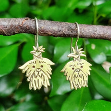 Load image into Gallery viewer, Dog Mini Head Drop Earrings Shih Tzu in Brass on Sterling Silver Shepherd Hooks hanging on a branch