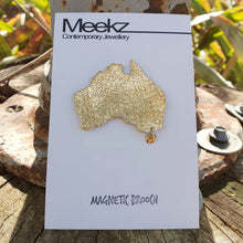 Load image into Gallery viewer, Brass Australia Map Brooch on packaging card front view