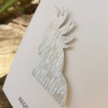 Load image into Gallery viewer, Aluminium Cockatoo Brooch on packaging card close up