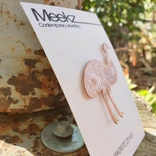 Load image into Gallery viewer, Copper Emu Brooch on packaging card show side view