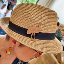 Load image into Gallery viewer, Copper Emu Brooch modelled on a customers hat to show that its versatile in its use. Here it's a hat accessory