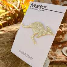 Load image into Gallery viewer, Brass Kangaroo Brooch on packaging card side view