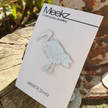 Load image into Gallery viewer, Aluminium Ibis or Bin Chicken Brooch on packaging side view