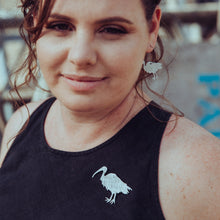 Load image into Gallery viewer, Aluminium Ibis or Bin Chicken Brooch modelled by Erin, also wearing matching Ibis/ Bin Chicken Hoop Earrings