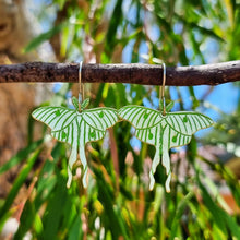 Load image into Gallery viewer, Luna moth drop earrings on a stick