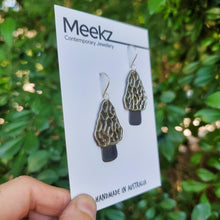 Load image into Gallery viewer, Morel Mushroom earrings on cards side view left