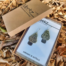 Load image into Gallery viewer, Morel Mushroom earrings on cards boxed
