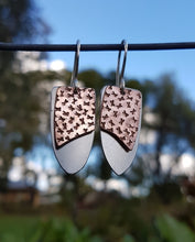 Load image into Gallery viewer, Double Drop Earrings Shield Copper Patina Multi Small X's / Aluminium