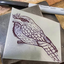 Load image into Gallery viewer, Tawny Frog Mouth sketch before I
stamped him out