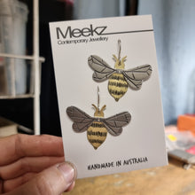 Load image into Gallery viewer, Riveted Bee Earrings Front ON