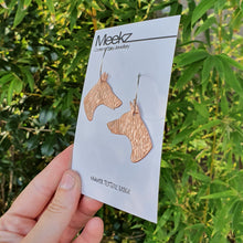 Load image into Gallery viewer, Doberman Head Drop Earrings on packaging card side view