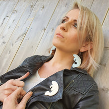 Load image into Gallery viewer, Dugong or Manatee Brooch and matching Giant Hoop Earrings modelled