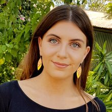 Load image into Gallery viewer, Double Drop Leaf Earrings Copper Multi Pineapples and Brass Modelled by Michaela