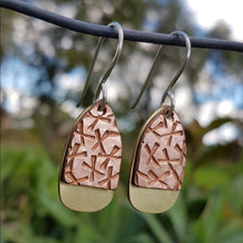 Load image into Gallery viewer, double drop earrings egg - copper multi x's and brass