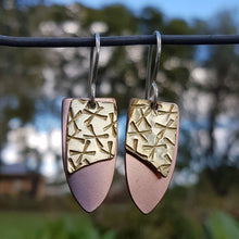 Load image into Gallery viewer, Double Drop Earrings Shield Brass Multi X's Copper