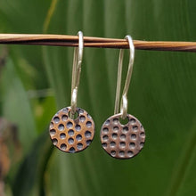 Load image into Gallery viewer, Small round drop earring copper dots patina