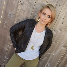 Load image into Gallery viewer, crescent moon hoop earrings and matching necklace modelled