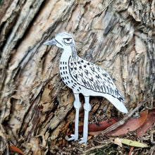 Load image into Gallery viewer, Bush Stone-Curlew Brooch standing on a branch
