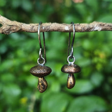 Load image into Gallery viewer, Button Mushroom Drop Earrings on a Stick Close Up
