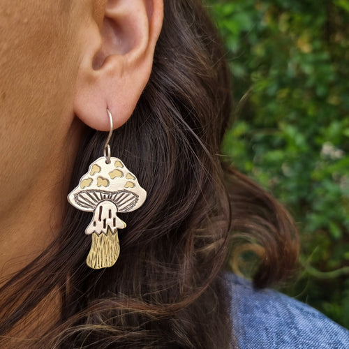 Fly Agaric Toadstool Mushroom Drop Earrings Modelled by Jemica Front On View Close Up Hero Shot