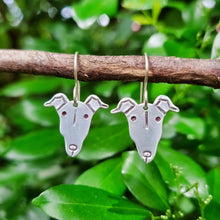 Load image into Gallery viewer, Dog Mini Head Drop Earrings Greyhound / Whippet in Aluminium on Sterling Silver Shepherd Hooks hanging on a branch
