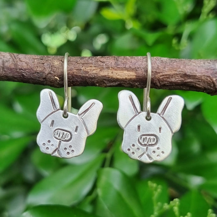 Dog Mini Face Drop Earrings - Boston Terrier in Aluminium on Sterling Silver Shepherd Hooks hanging on a branch