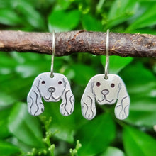 Load image into Gallery viewer, Dog Mini Head Drop Earrings Cavalier King Charles Spaniel in Aluminium on Sterling Silver Shepherd Hooks hanging on a branch
