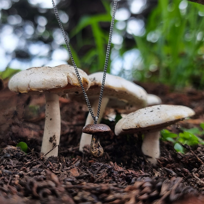 Button Mushroom Necklace in a field of Mushrooms 