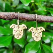 Load image into Gallery viewer, Dog Mini Head Drop Earrings Pitbull in Brass on Sterling Silver Shepherd Hooks hanging on a branch
