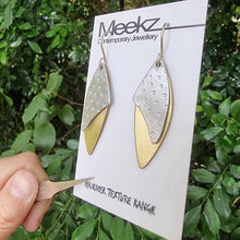 Load image into Gallery viewer, Double Drop Leaf Earrings - Aluminium Dots / Brass on Card
