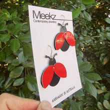 Load image into Gallery viewer, Lady Beetle Drop Earrings - Dulux Paint Swatch on Card Side View
