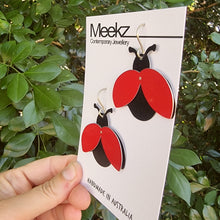 Load image into Gallery viewer, Lady Beetle Drop Earrings - Dulux Paint Swatch on Card Side View
