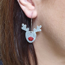 Load image into Gallery viewer, Rudolf the red nose reindeer hoop earrings modelled by Belinda
