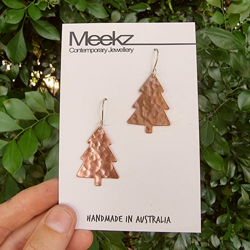 Christmas Tree Copper Beaten Texture Drop Earrings
